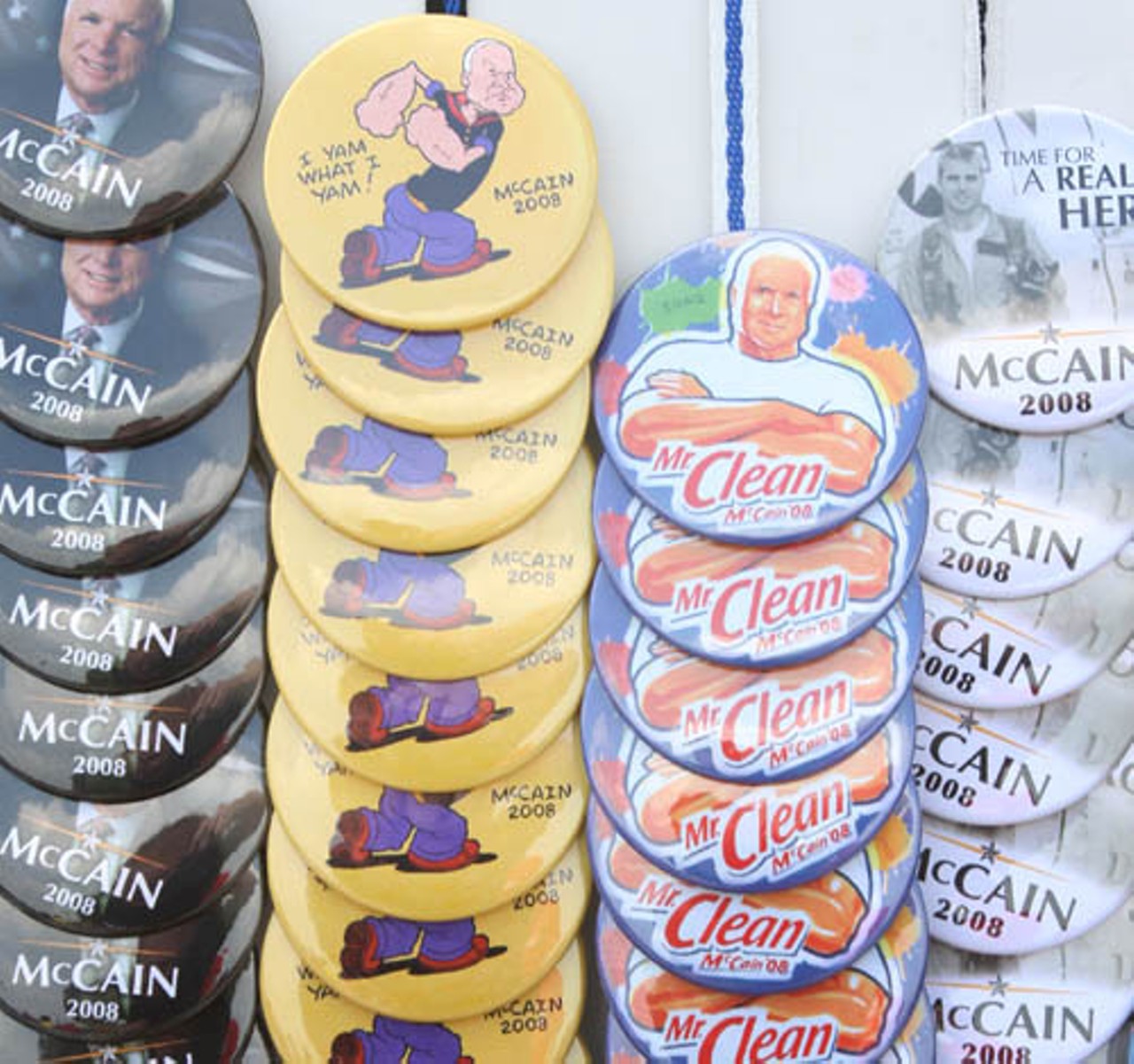 Many souvenirs were available for McCain supporters, including buttons incorporating McCain as Popeye and Mr. Clean.