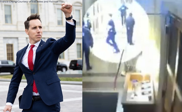 Left: Josh Hawley raising his fist to protesters outside the capitol. Right: Josh Hawley running away from those same protesters.