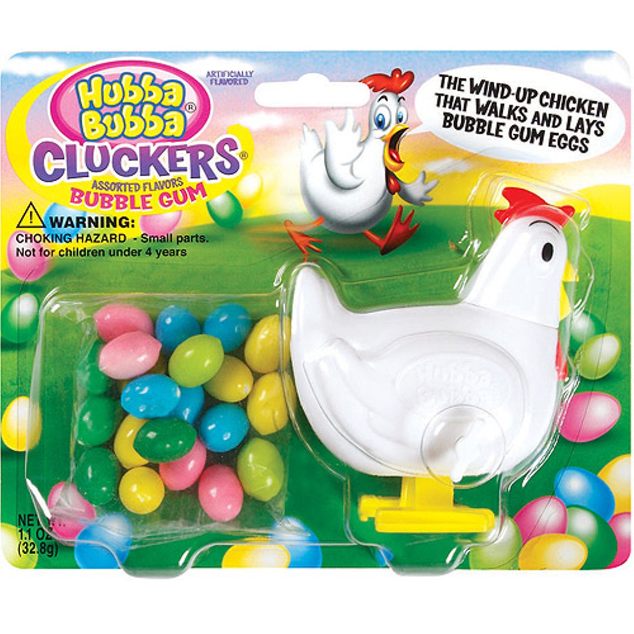 The Worst
Cluckers, the Gumball-Egg-Pooping Chicken
Perhaps because we're not a six-year-old boy, Gut Check fails to see the charm in animal-shaped candy dispensers that poop brown jelly beans. Frankly, we don't get it.
When Cluckers the egg-laying chicken (note: inexplicably not labeled a hen?) takes a dump, at least she shits colorful Hubba Bubba bubblegum Easter eggs. To provoke Cluckers' biological urges, the user must twist off her head, insert four eggs in her chute, replace her head and wind her up.
Although the label is very specific that the "dispenser is for the provided gum balls only," nowhere on the packaging nor parent company Wrigley's website will you be able to find information on how to get more specially shaped eggs. More dauntingly, the label also warns: "Please wash dispenser thoroughly before use." Who knows where this thing's been!