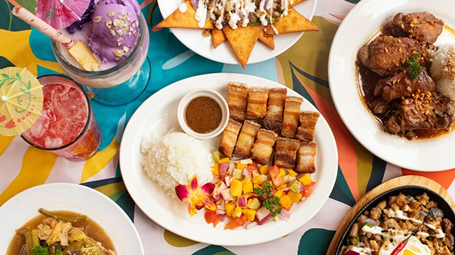 Dishes include watermelon juice, halo-halo, sisig nachos, chicken adobo, sizzling sisig, lumpia, sinigang na baboy and lechon kawali.