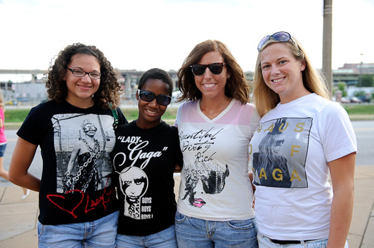 Lady Gaga's Little Monsters posing outside of the Scottrade Center in St. Louis.