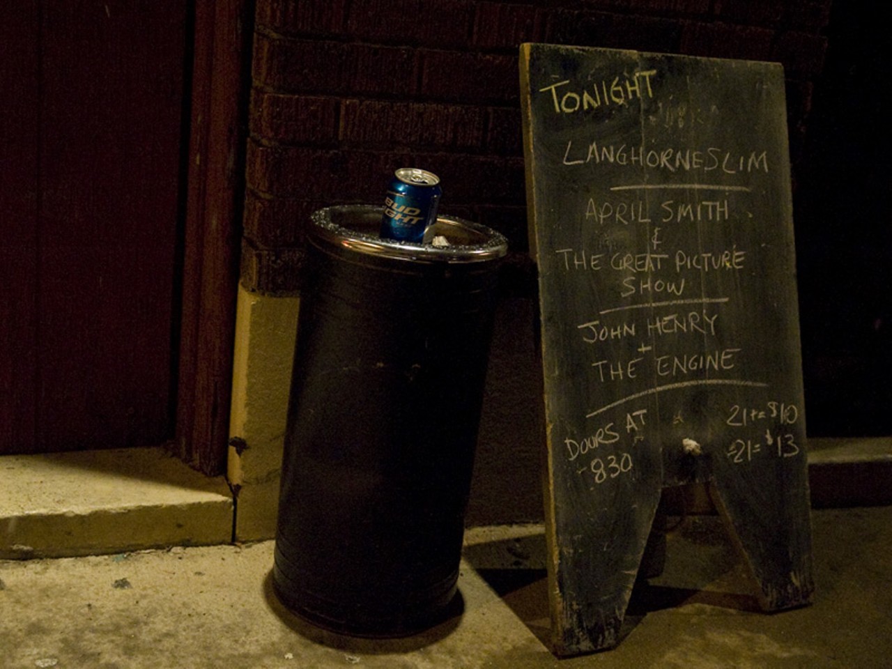 The line-up is written on a chalkboard outside Off Broadway, which is at 3511 Lemp Avenue.