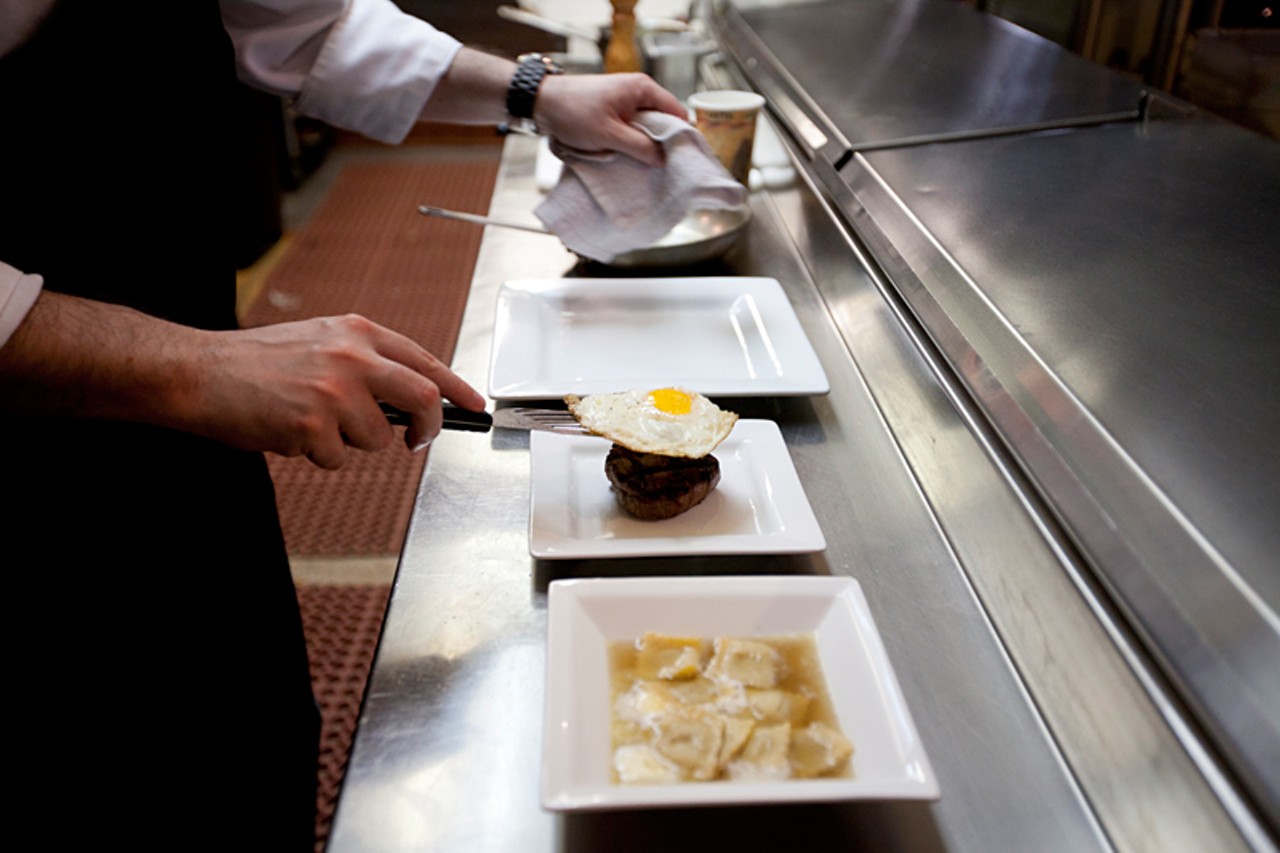 Chef Brad Watts preparing the Steak and Eggs of the day, this particular day featuring a grass-fed tenderloin.
