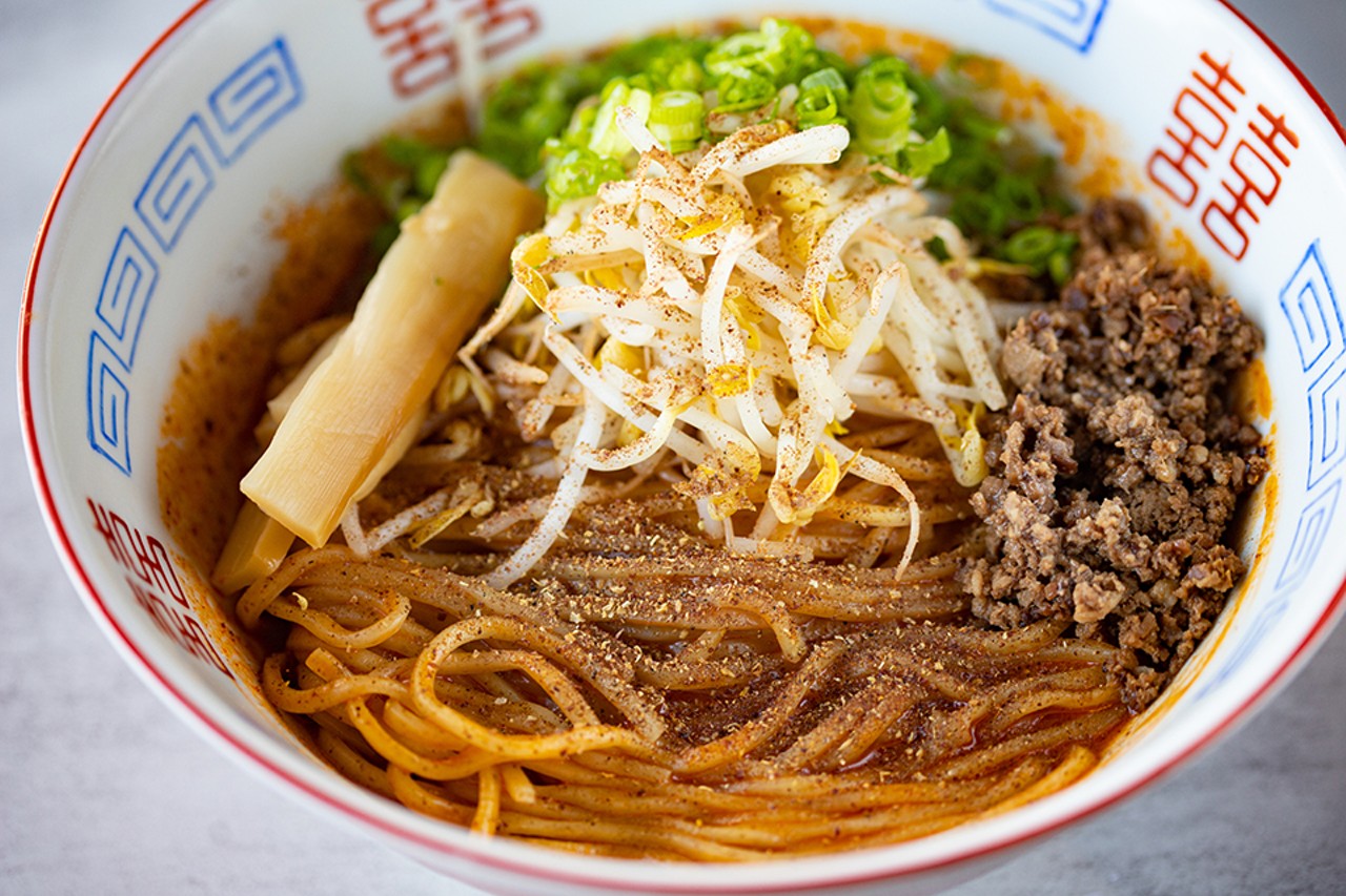 Tantanmen brothless with thick noodles tossed in chili oil, sesame paste and house shoyu, topped with ground pork, menma, scallion and bean sprouts.