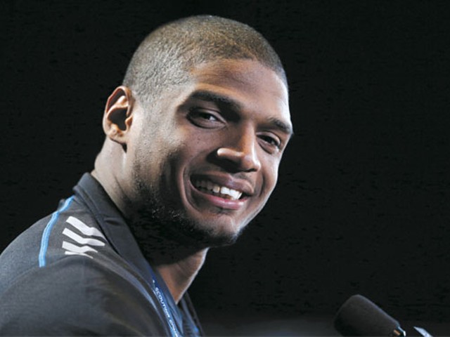 Mizzou player Michael Sam at the NFL combine in Indianapolis.