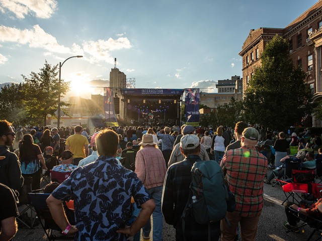 Crowd in front of a stage at Music at the Intersection 2022.