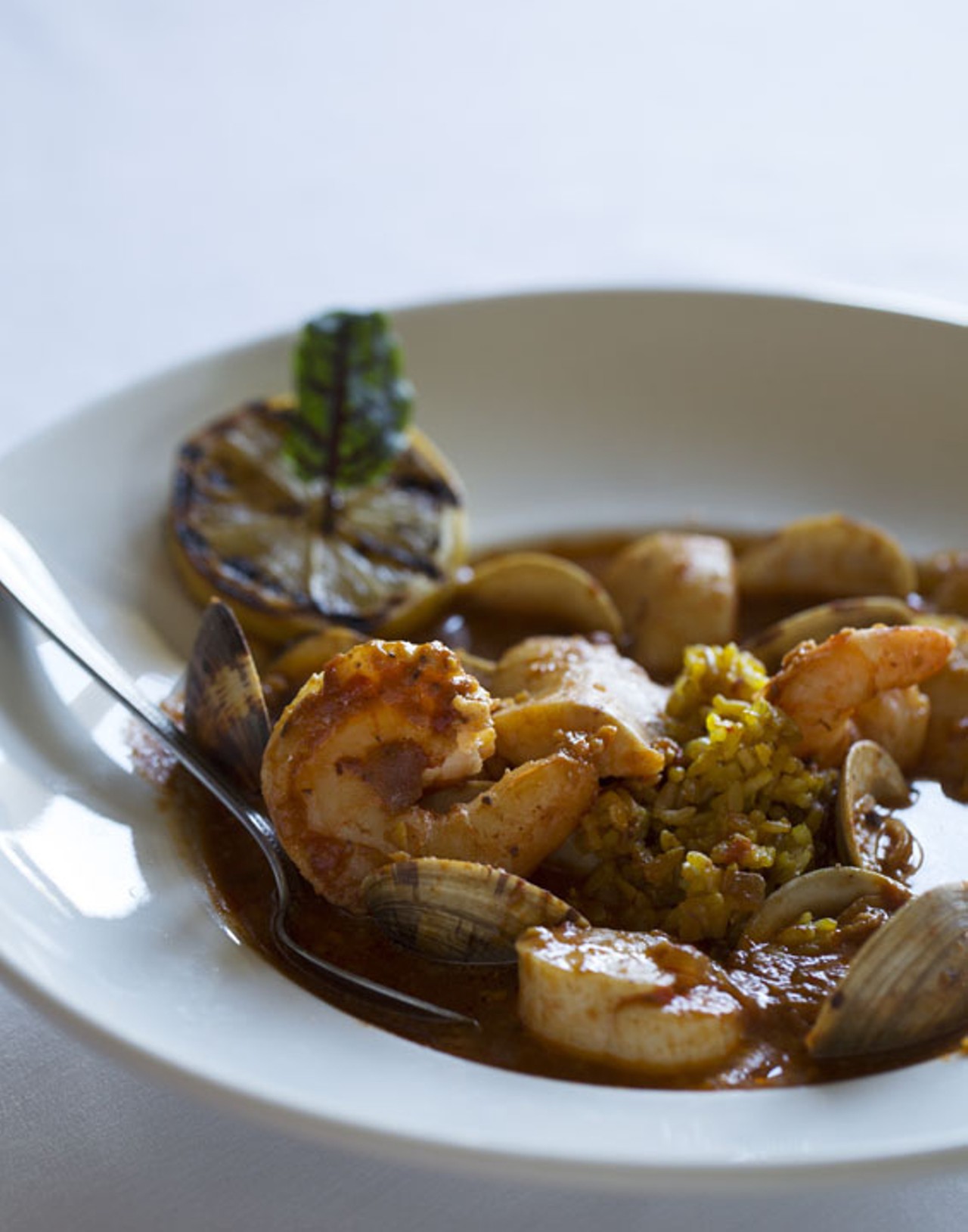 "Zarzuela de Mariscos" is seafood operetta: shrimp, scallops, Overlook Farm tilapia, clams, Catalan Romesco broth and saffron rice.
