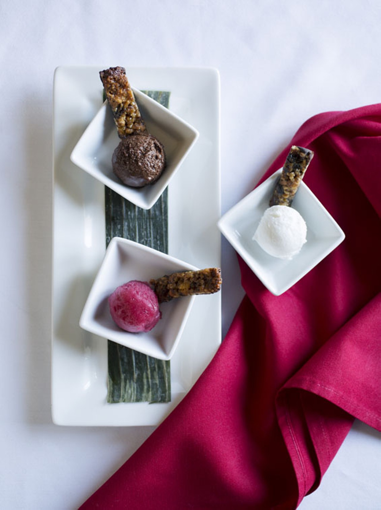 The "Sorbet Trio" features blackberries from Overlook, coconut and chile-chocolate.