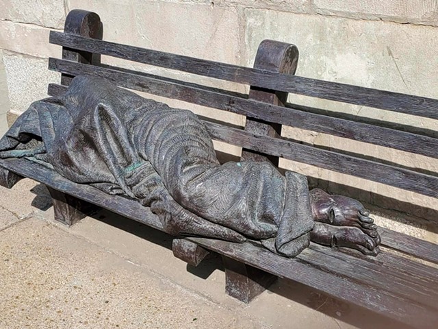 The "Homeless Jesus" sculpture was a fixture in front of New Life Evangelical Center until it was stolen.