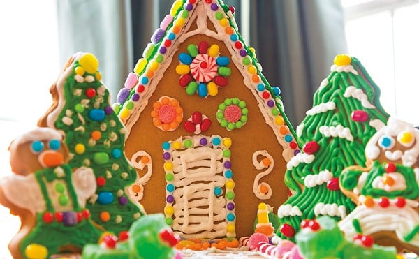Close up shot of a gingerbread house.