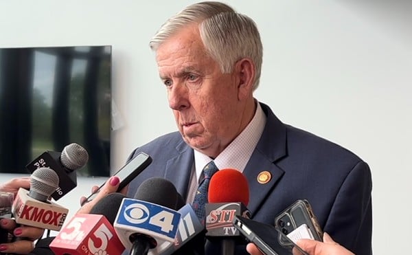 Governor Mike Parson speaking to reporters after Circuit Attorney Kim Gardner announced her resignation.