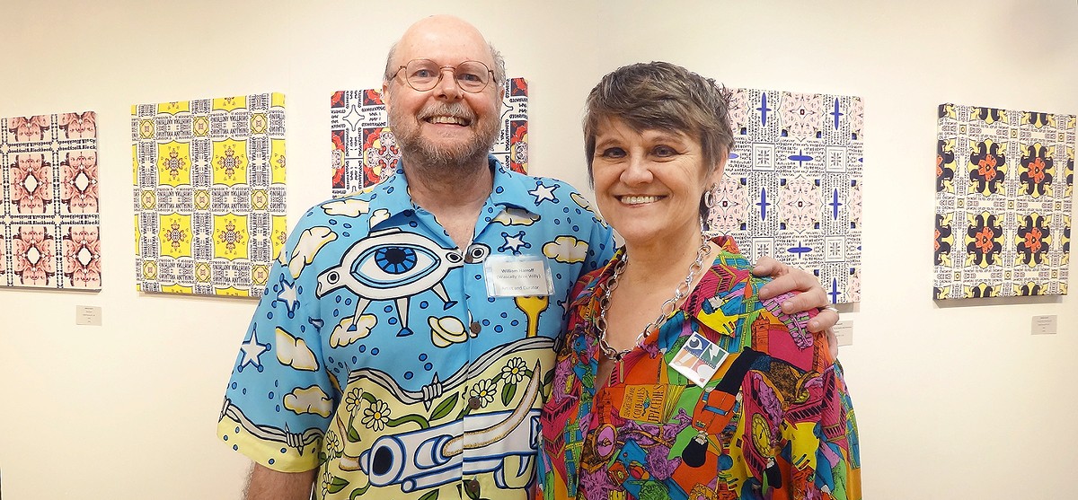 William Harroff (left) and his wife, Charlotte Johnson, have an exhibit, Who Knows What Evil Lurks in the Hearts of Men (and Women) in St. Louis?, open at the St. Louis Public Library’s Central Express branch.