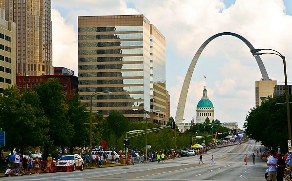 A view along Market Street of the Old Court House and the Arch.