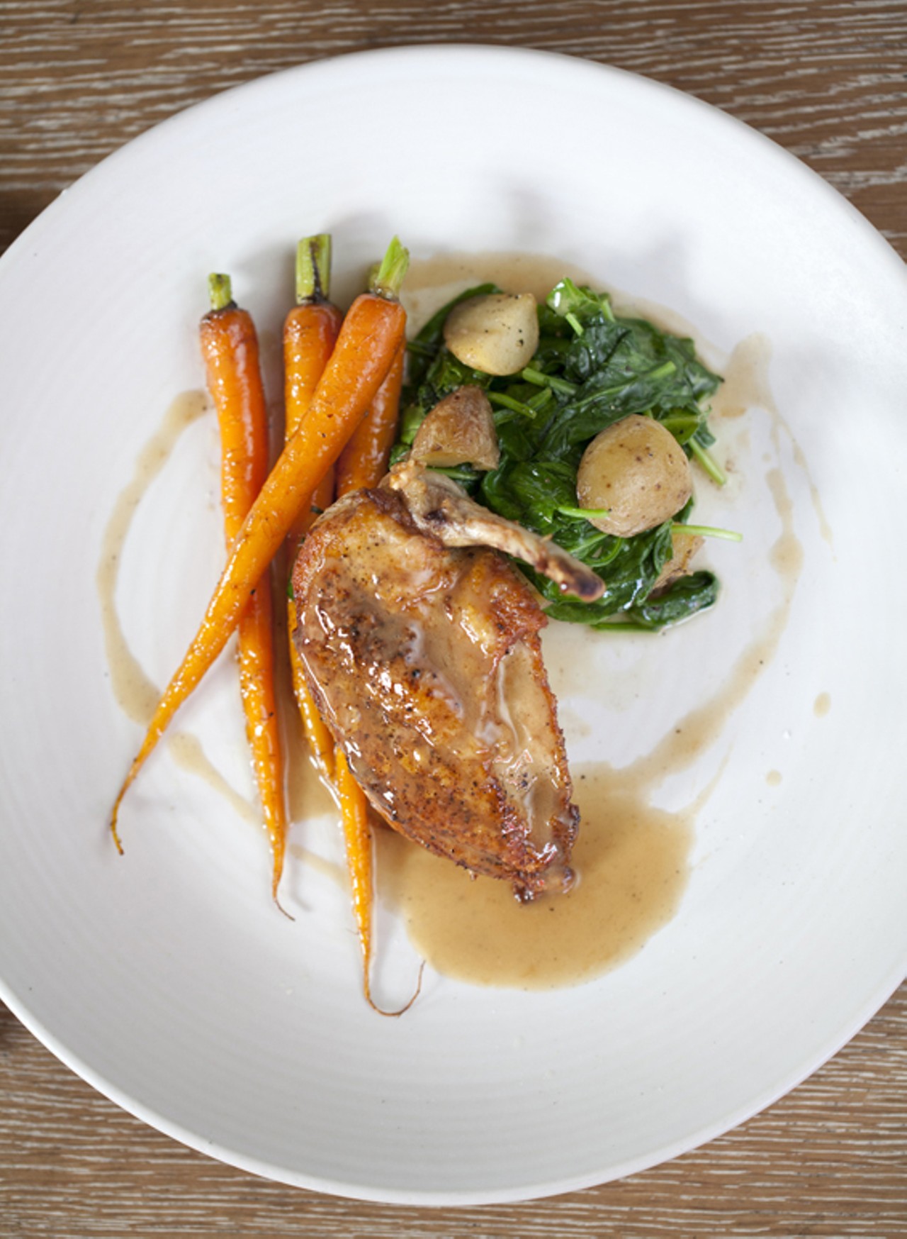 Harr Farms Chicken. Pan-roasted chicken breast, sauteed spinach, fingerling potato, sculpted carrots, bacon butter.