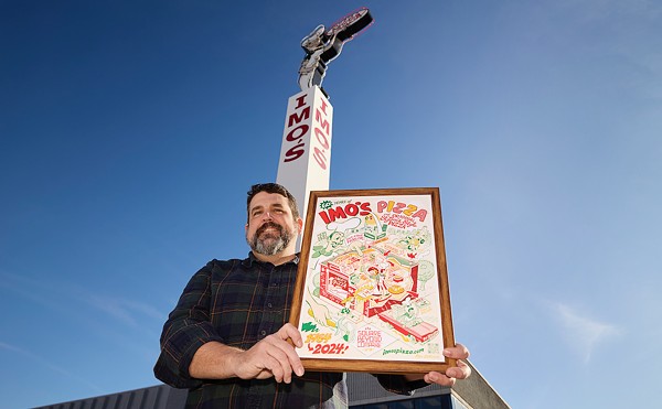 Illustrator and cartoonist Dan Zettwoch designed not just pizza boxes, but a poster, for Imo's 60th anniversary.