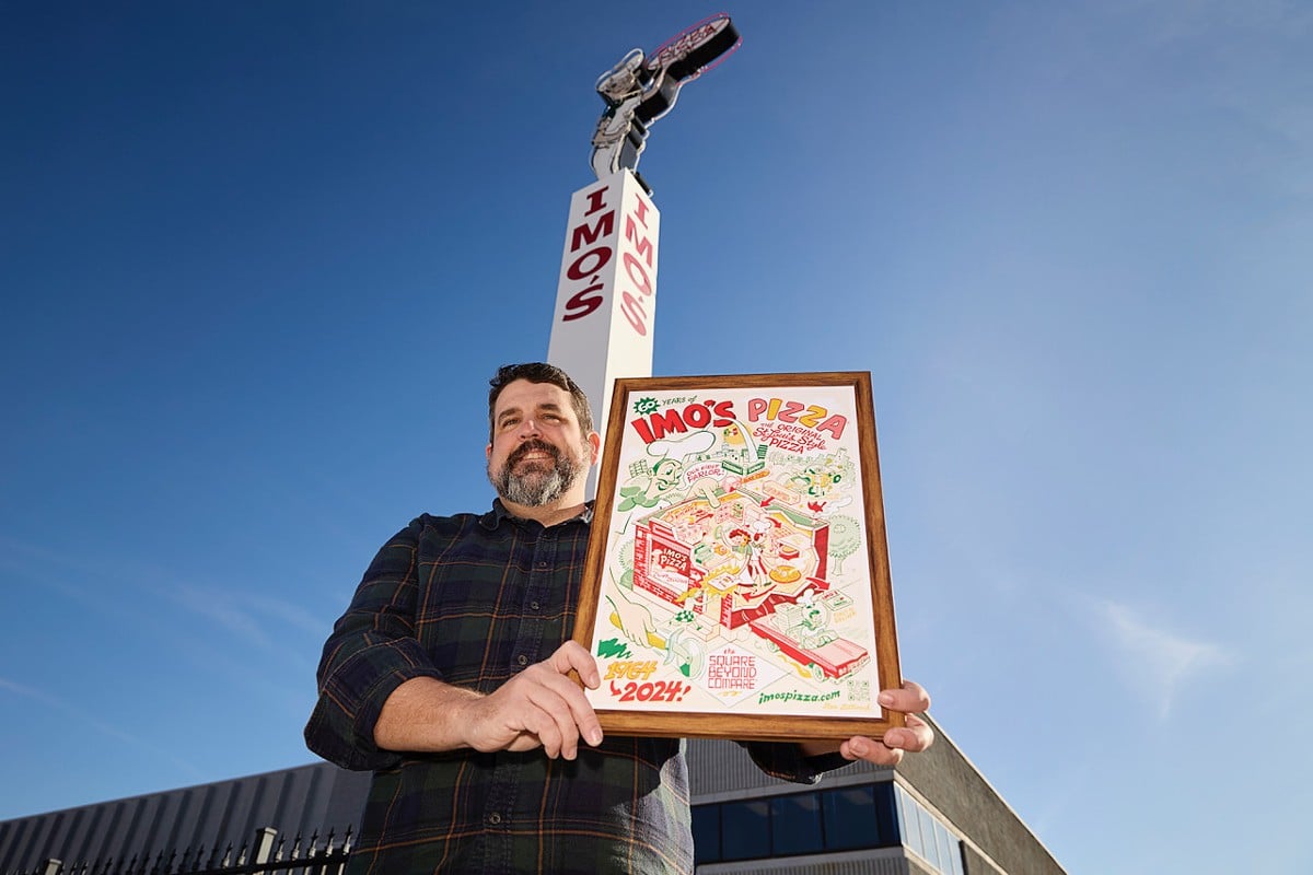 Illustrator and cartoonist Dan Zettwoch designed not just pizza boxes, but a poster, for Imo's 60th anniversary.