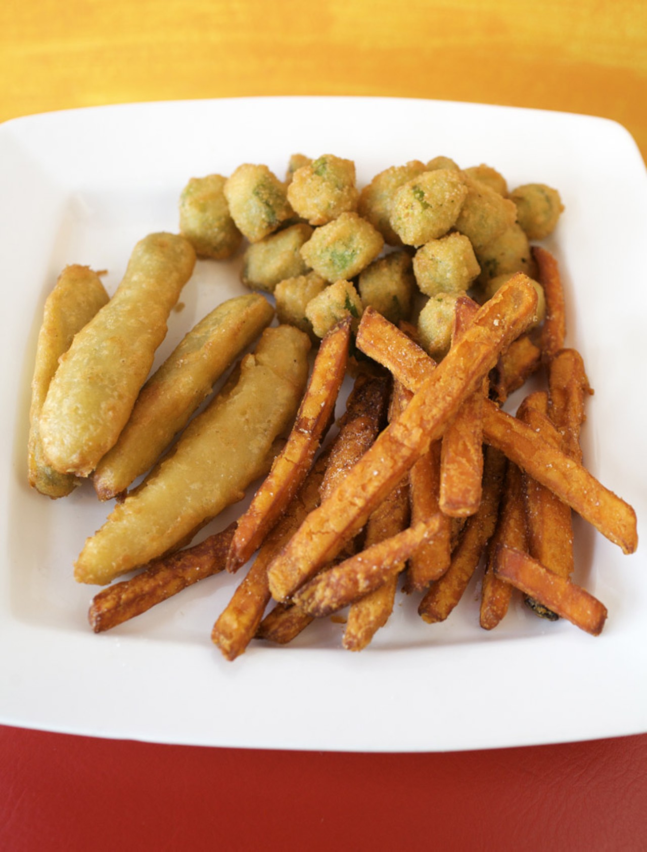 You have your choice of sides at O! Wing Plus, too. Here are three of the ones you might choose...sweet potato fries, fried pickle spears and fried okra.