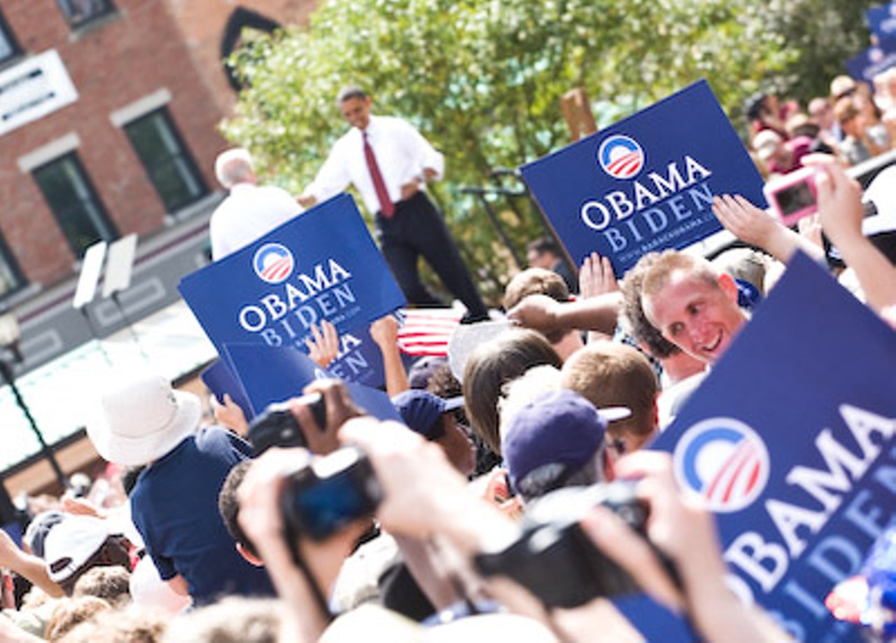 Supporters cheer Senator Barack Obama and his vice presidential running mate Senator Joe Biden take the stage.