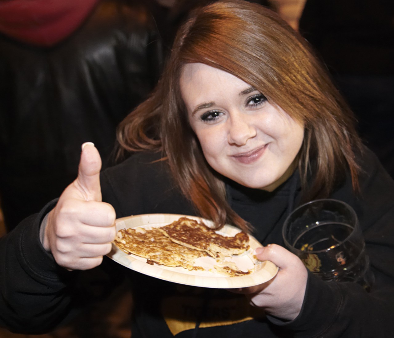 Tiffany gives a thumbs up for the potato pancakes.