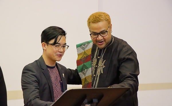 Composer Simon Tam (left) and stage director Rajendra Ramoon Maharaj worked together on last year's Slanted: An American Rock Opera.