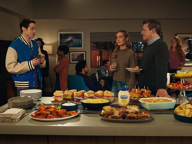 Pete Davidson (left) appears in a Hellman's ad with Brie Larson and Jon Hamm that will air during the Super Bowl.