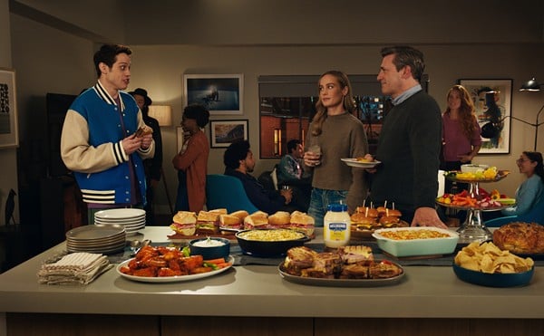 Pete Davidson (left) appears in a Hellman's ad with Brie Larson and Jon Hamm that will air during the Super Bowl.
