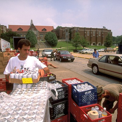 Volunteers gather supplies for flood victims in Alton, Illinois.