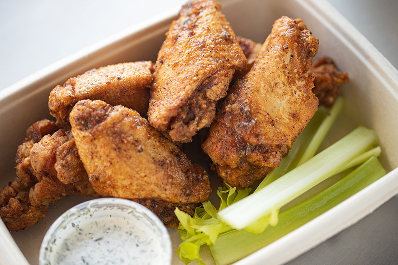 Lemon-pepper wings served with celery and ranch.
