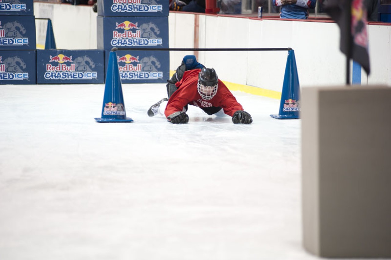 Participants competing in the Red Bull Crashed Ice course.