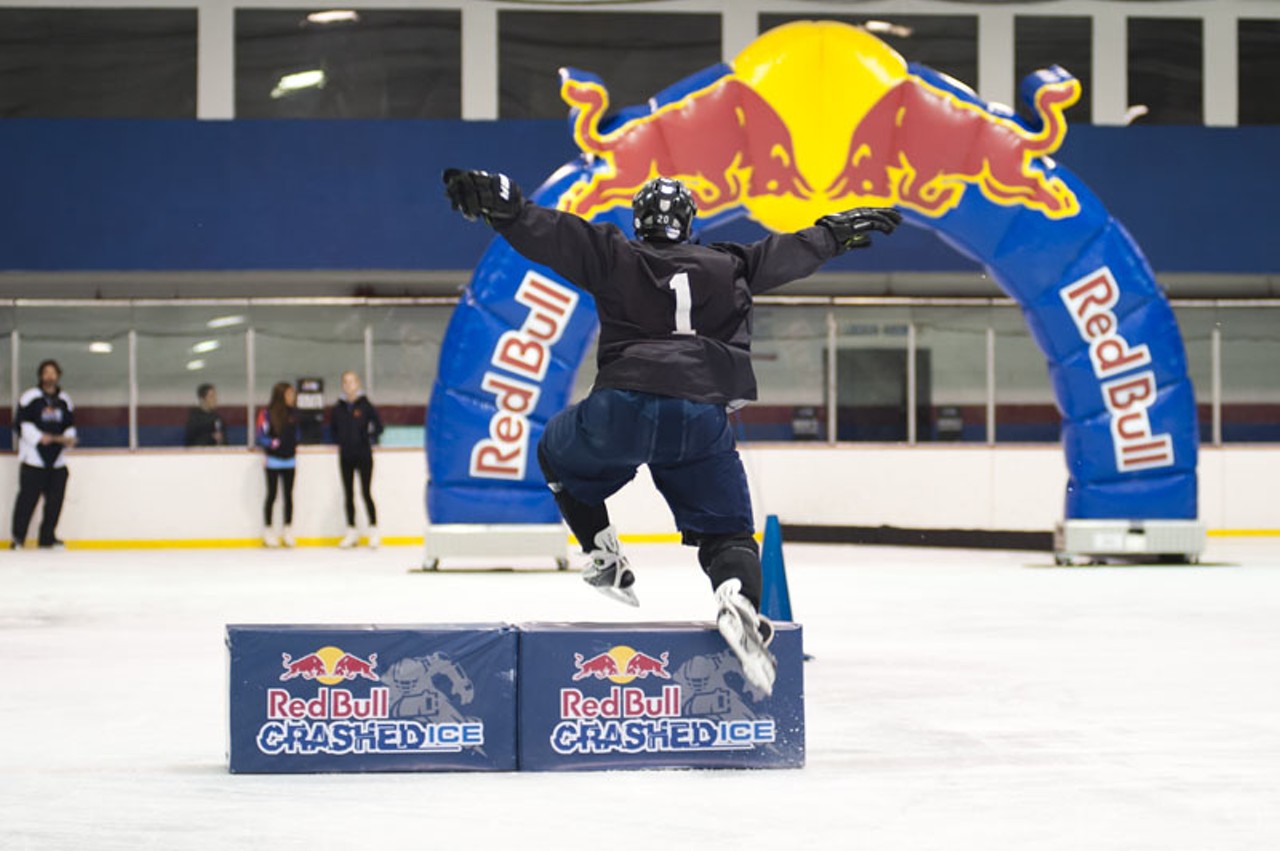 Participants competing in the Red Bull Crashed Ice course.