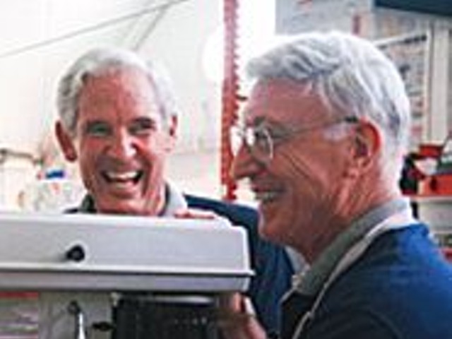 Home Depot's Bernie Marcus (right) joined Chuck Knight (left) in Paris, Tennessee, in August 1998 to officially launch the Ridgid power-tool line. Four years later, the companies announced they were moving production overseas and closing Emerson's factory.
