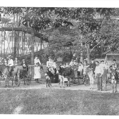 Montesano Springs ParkKimmswick, MO(Closed in 1918)Built near famed mineral springs, this park boasted a hotel and restaurant, a dance pavilion, a lake, a merry-go-round, and more. According to the state archives, "Kids line up for donkey rides at Montesano Park, an early theme park in Missouri. The Switchback gravity-powered roller coaster is visible in the background."