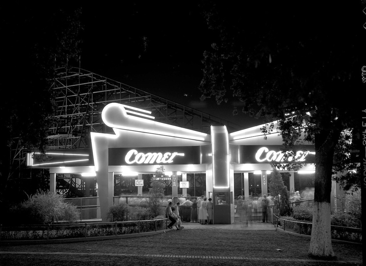 Forest Park Highlands
St. Louis, MO
(1896 – 1963)
Among the highlights at Forest Park Highlands in its heyday: The Comet roller coaster, photographed approximately 1955.