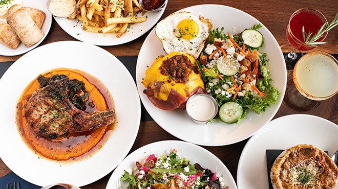 A selection of dishes from Westchester includes a pork chop, a fried bologna sandwich, French onion soup and a roasted beet salad.