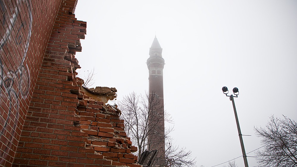 Fog engulfs the Bissell Street Water Tower in St. Louis' College Hill neighborhood.