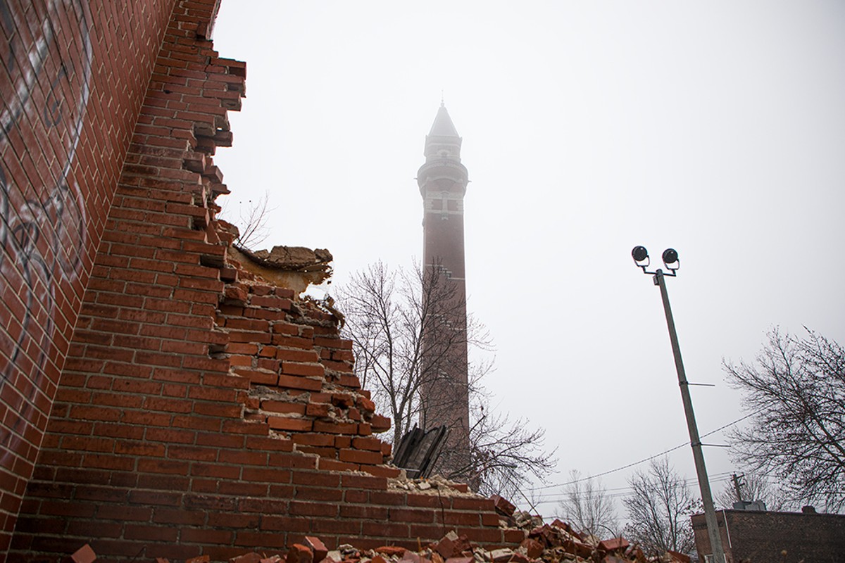 Fog engulfs the Bissell Street Water Tower in St. Louis' College Hill neighborhood.
