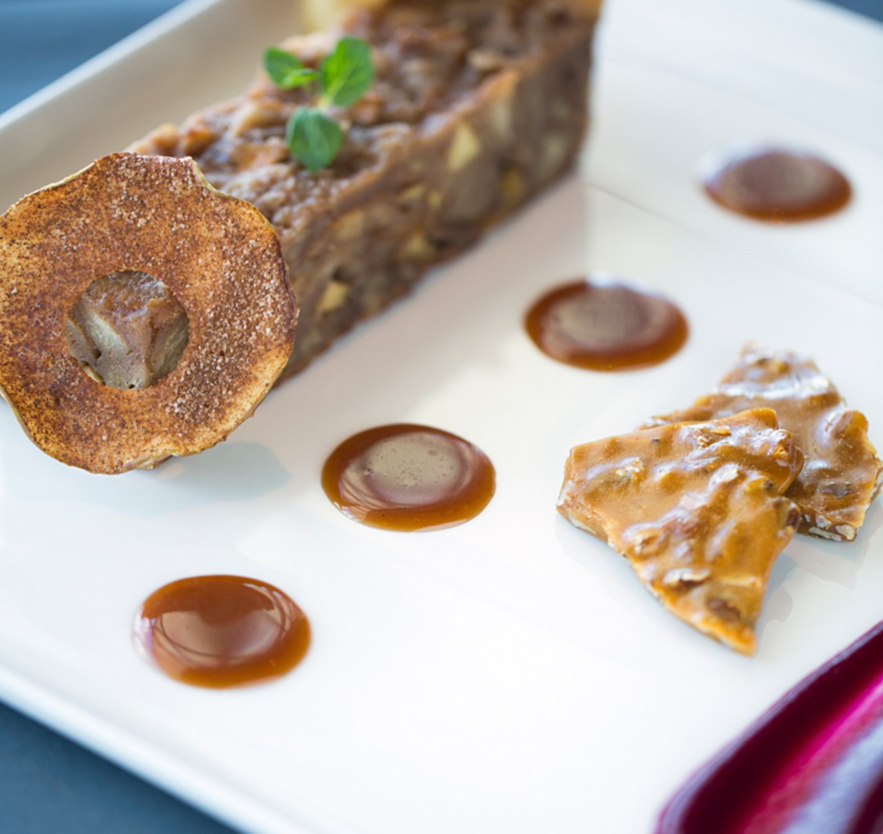 "Warm Missouri Apple & Pecan Bread Pudding," with pecan brittle, roasted beet-agave sauce and caramel.