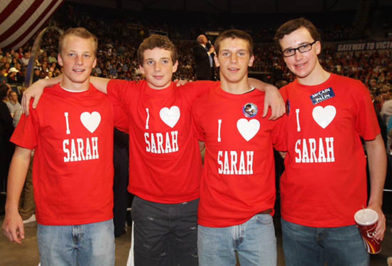 Colin Bruns, Peter Jochens, McCarthy Grewe, and Jack Ciapciak show off their homemade Sarah Palin shirts.Get more coverage from St. Louis, including photos, blogs and video.