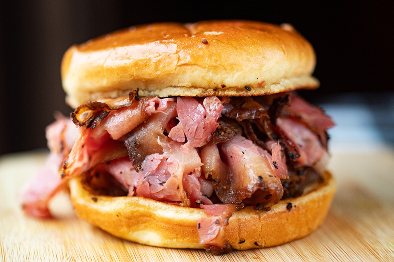 Sliced pastrami sammich with classic brined, smoked corned beef.