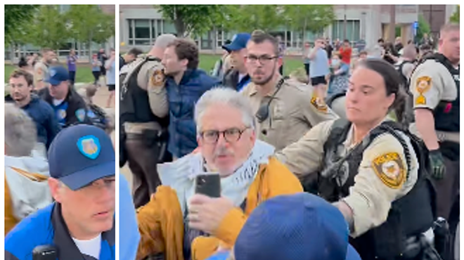 A video posted to X shows the arrest of Southern Illinois University Edwardsville professor Steve Tamari at Wash U on Saturday, April 27.
