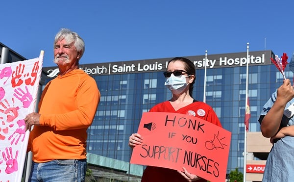 SLUH Hospital nurses rallied to protest understaffing in June 2022.