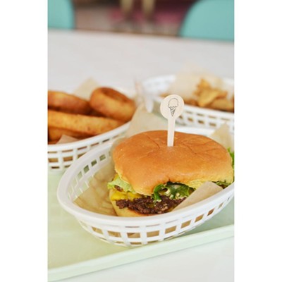 Cheese burger and onion rings are a classic combo on the Soda Fountain Express menu.