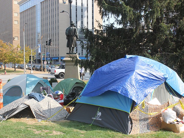 An encampment near Market Street at City Hall began as a small cluster of people over the summer. Dozens eventually moved in.