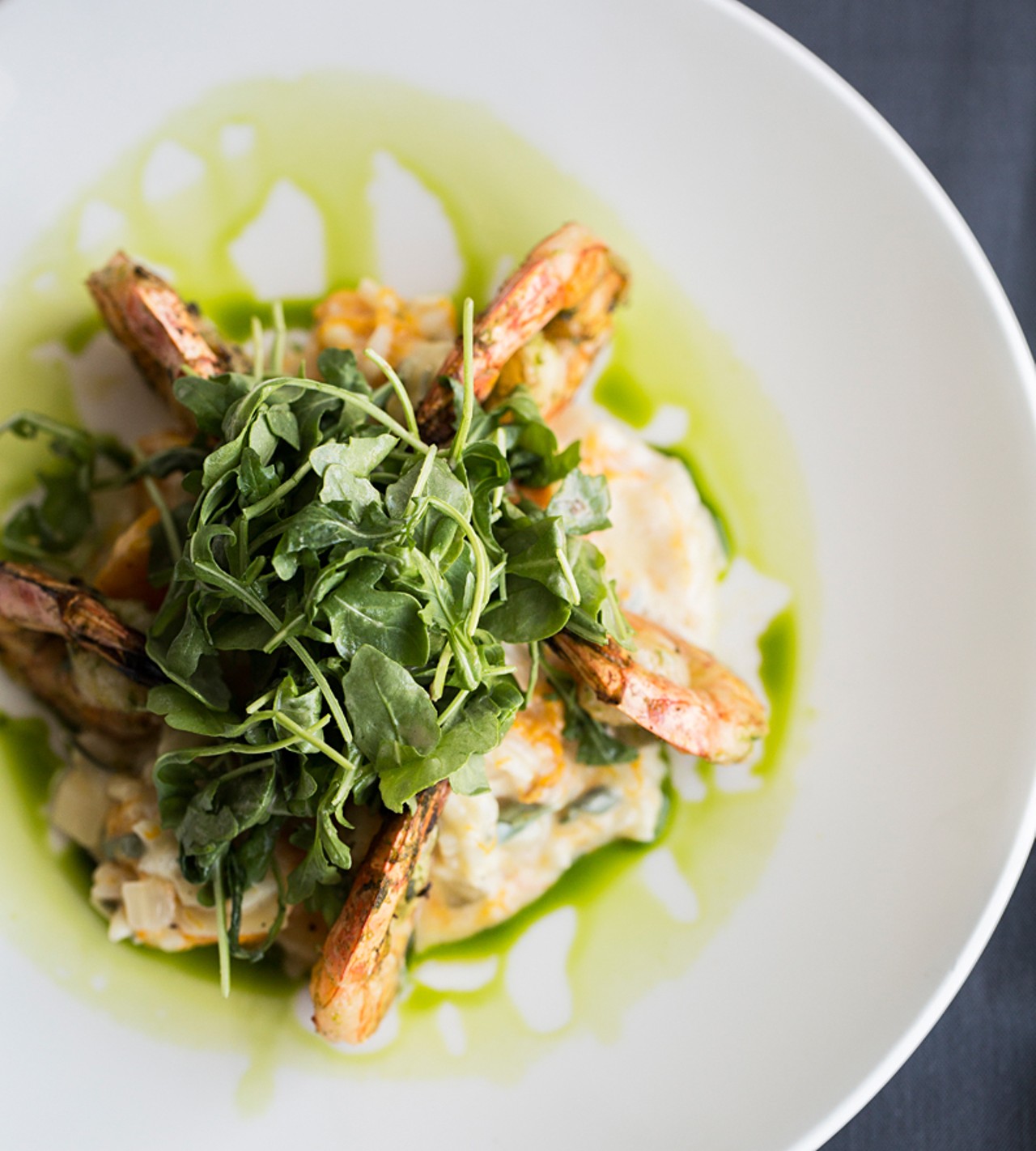 Grilled wild Gulf shrimp with butternut-squash sage risotto and arugula.