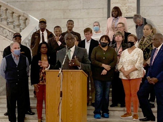 Board of Aldermen President Lewis Reed speaks in opposition to Proposition R at a press conference Monday.