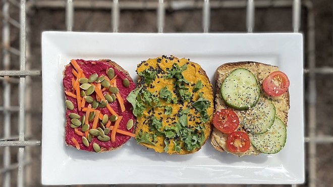 Three varieties of hummus toast from Maypop are just some of the dishes available during St. Louis Plant-Based Restaurant Week.