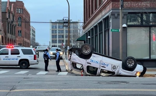 A St. Louis police SUV ended up bottoms up after a crash in Downtown West on January 7, 2024.