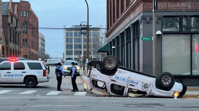 A St. Louis police SUV ended up bottoms up after a crash in Downtown West on January 7, 2024.