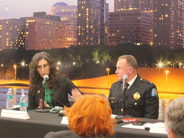 Aldermanic President Megan Green and Police Commissioner Robert Tracy share thoughts at a public safety town hall on January 8, 2024.