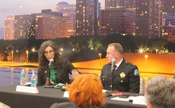 Aldermanic President Megan Green and Police Commissioner Robert Tracy share thoughts at a public safety town hall on January 8, 2024.